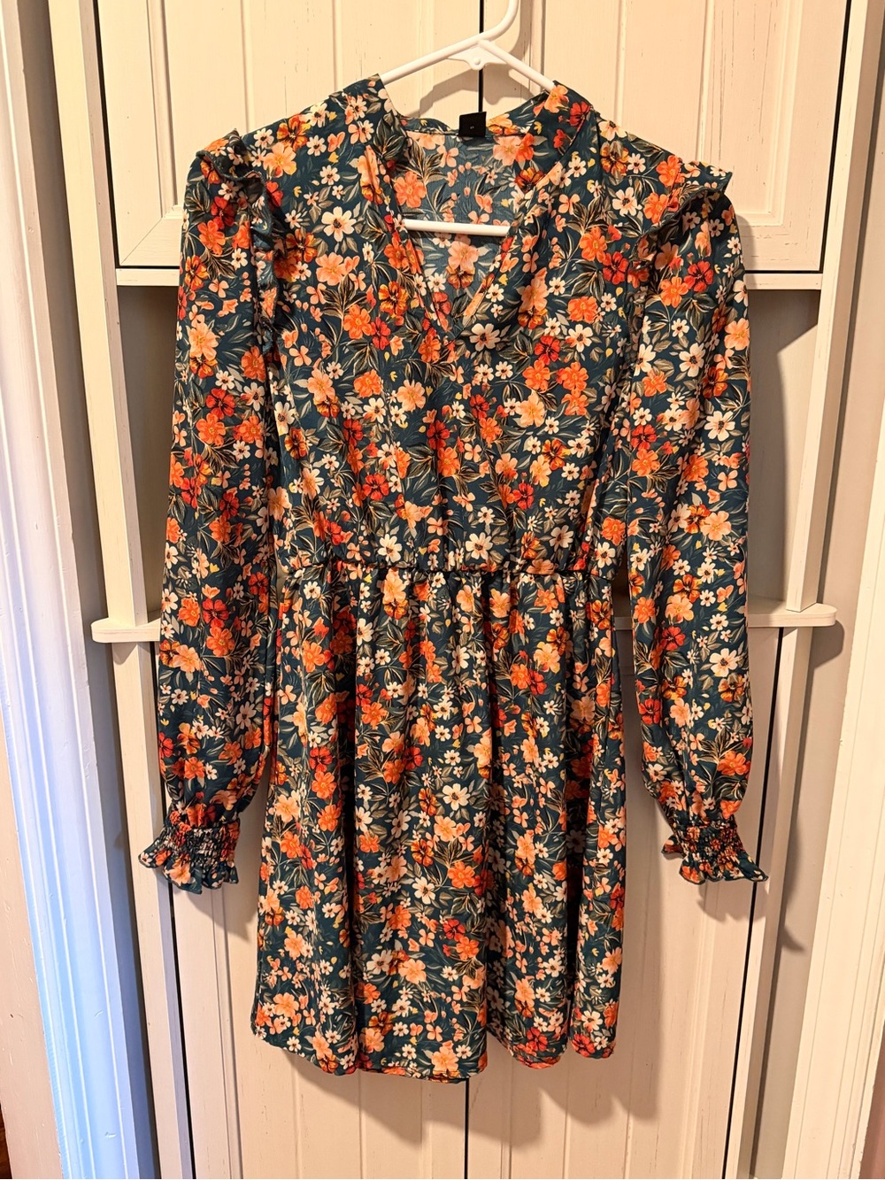 SHEIN Green Floral Long Sleeve Smocked Waist Dress